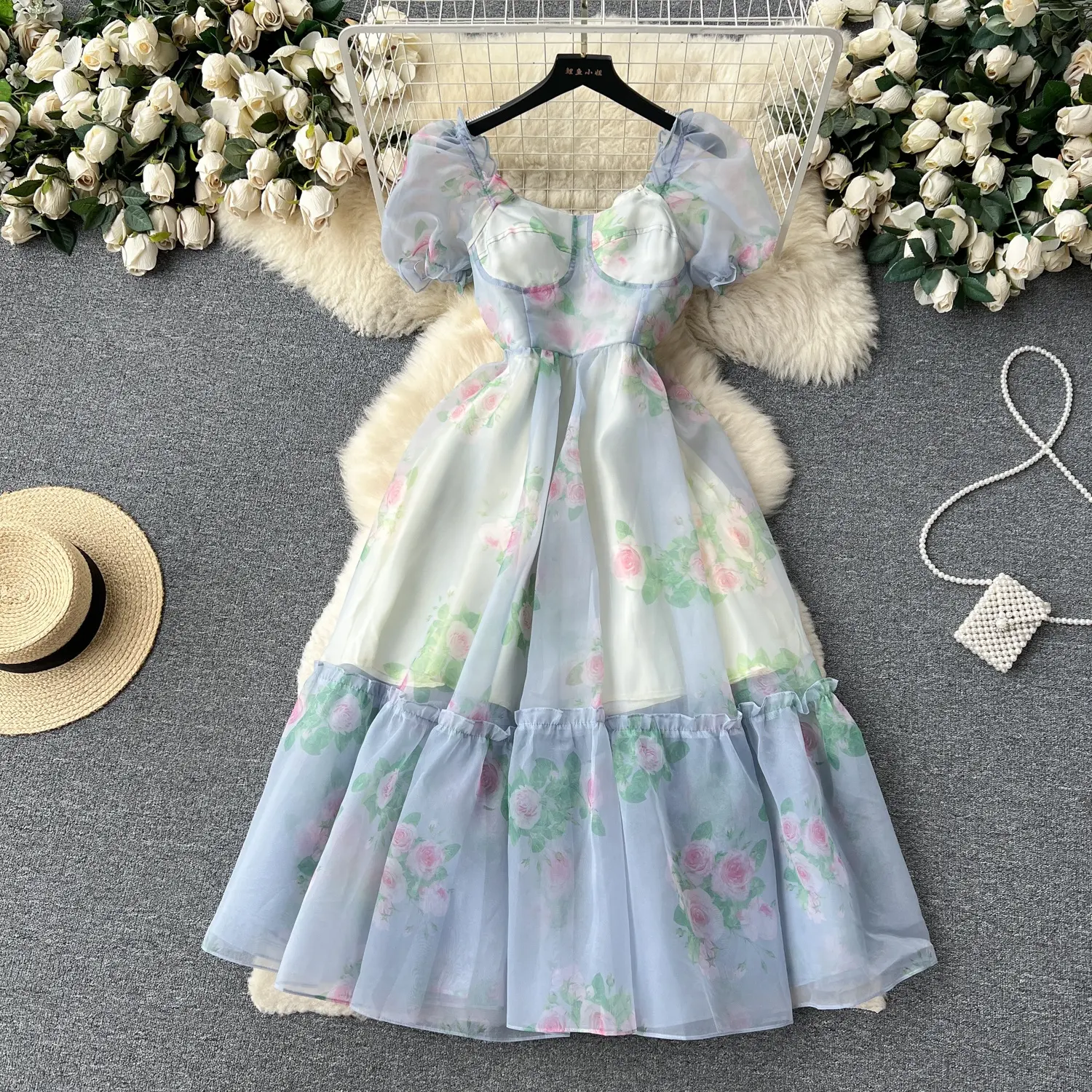 Manga de burbuja francesa Floral elegante mujer moda Slash escote estampado corto una línea vestido de verano fresco