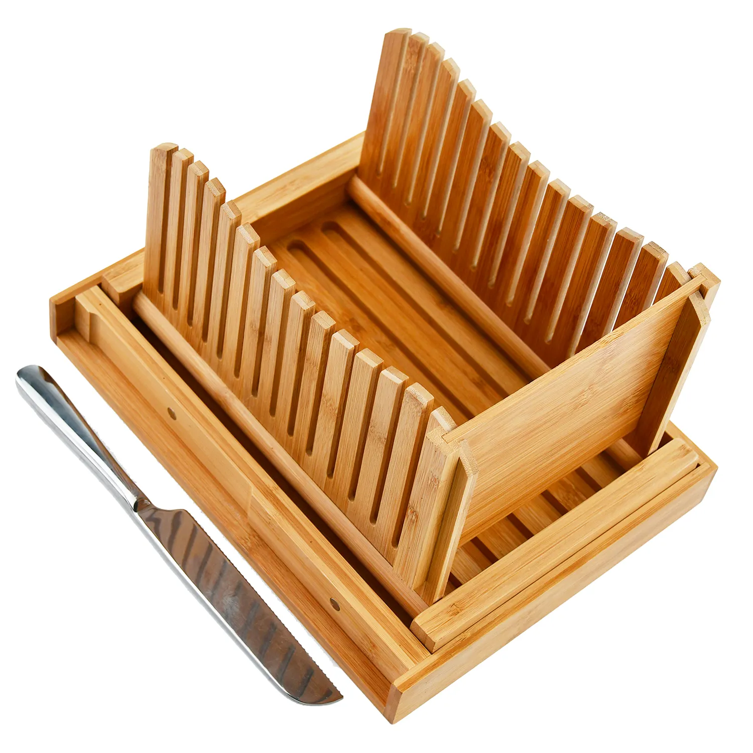 Alat pengiris roti bambu lipat, pemandu pemotong roti dapat disesuaikan untuk roti buatan rumah