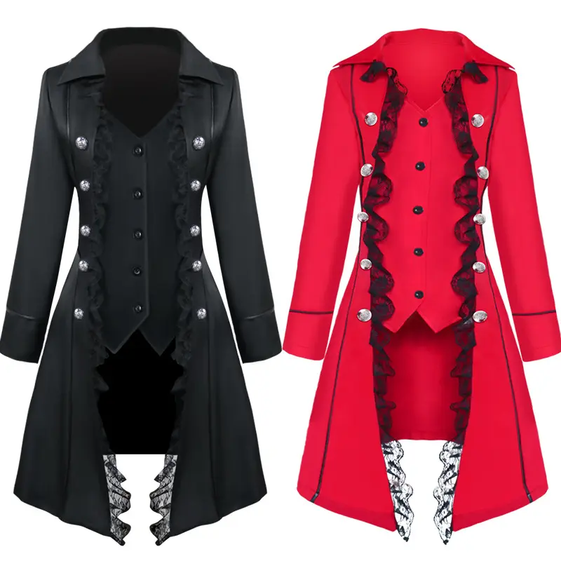 Vestido Medieval Steampunk de pirata para mujer, disfraces de Cosplay con adorno de encaje, chaqueta de pecho individual, abrigo, ropa gótica Victoriana