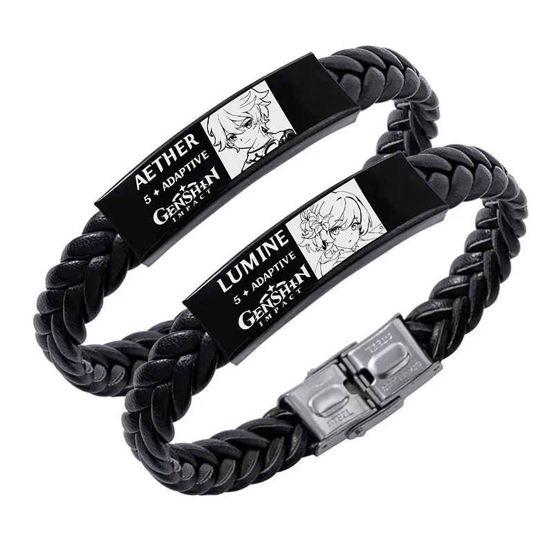 Shinin — Bracelet en cuir tissé à Impact, Bracelets noir et en acier inoxydable, bijoux de jeu de Cosplay pour hommes et femmes