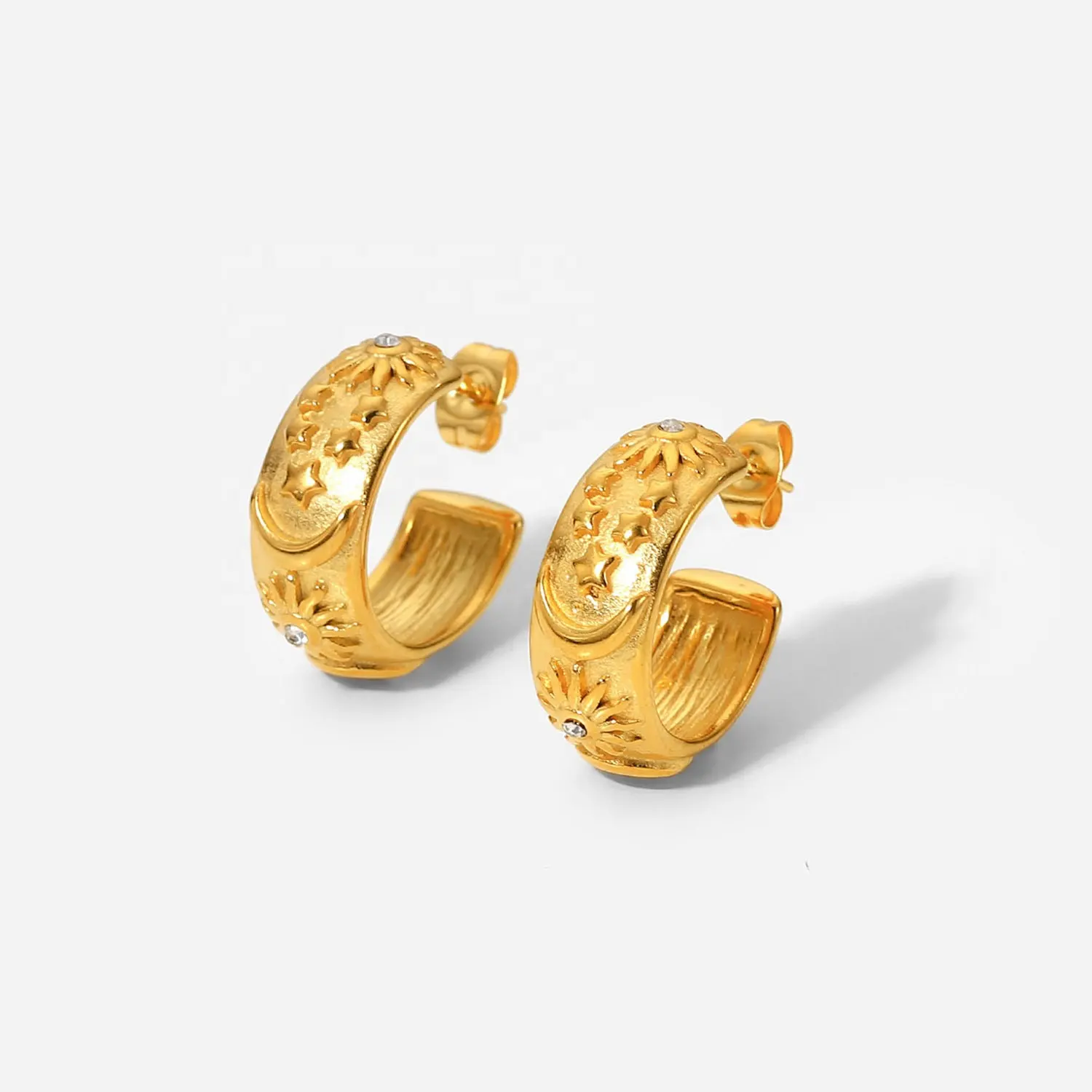 Hot Sale C Shape Design 18K Gold Plated Stainless Steel Embossed Moon Sun Stud Earrings For Woman