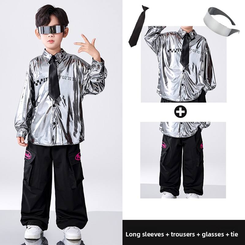 silver top + black trousers + glasses + tie