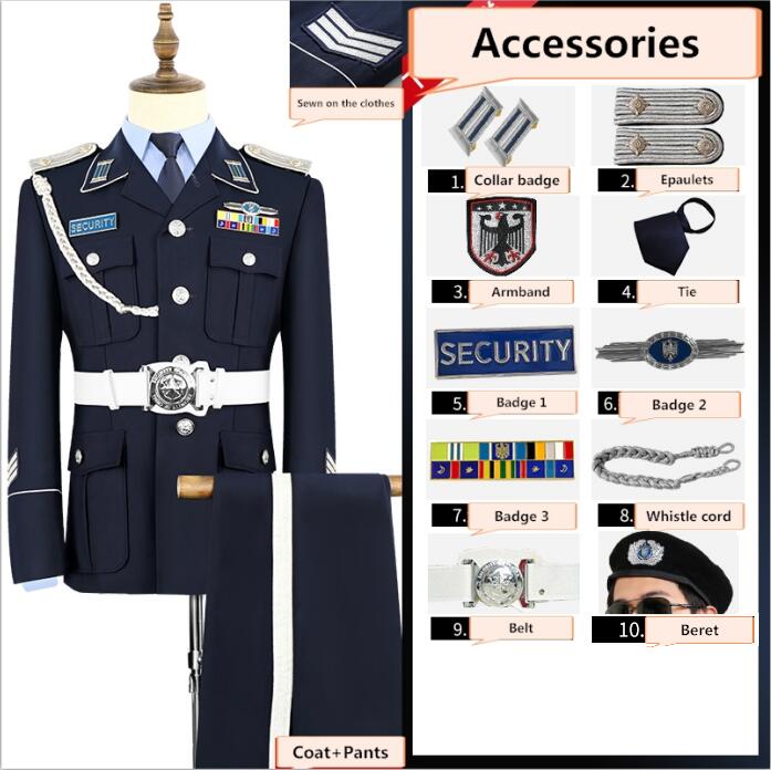 Manteau bleu foncé + Pantalon + Béret + Ceinture blanche + 8 accessoires