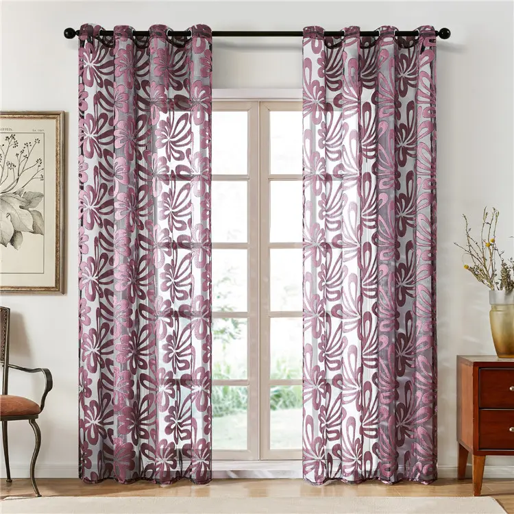 China Hot Sale Nordic Floral 54 × 84 Purple Polyester Printed Hotel Upholstery Sheer Curtains