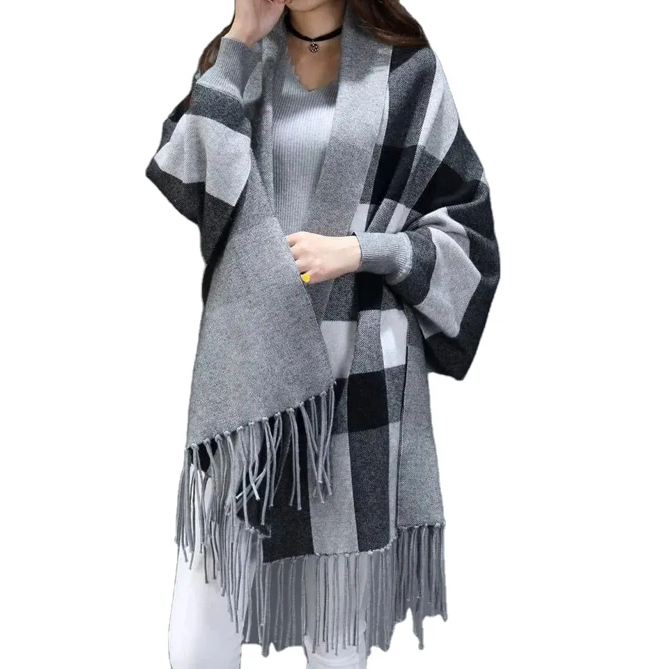 Écharpe surdimensionnée en treillis pour femmes hiver tricoté Poncho à carreaux Capes Femme Manches chauve-souris Tassel Long Wrap Out Streetwear Coat