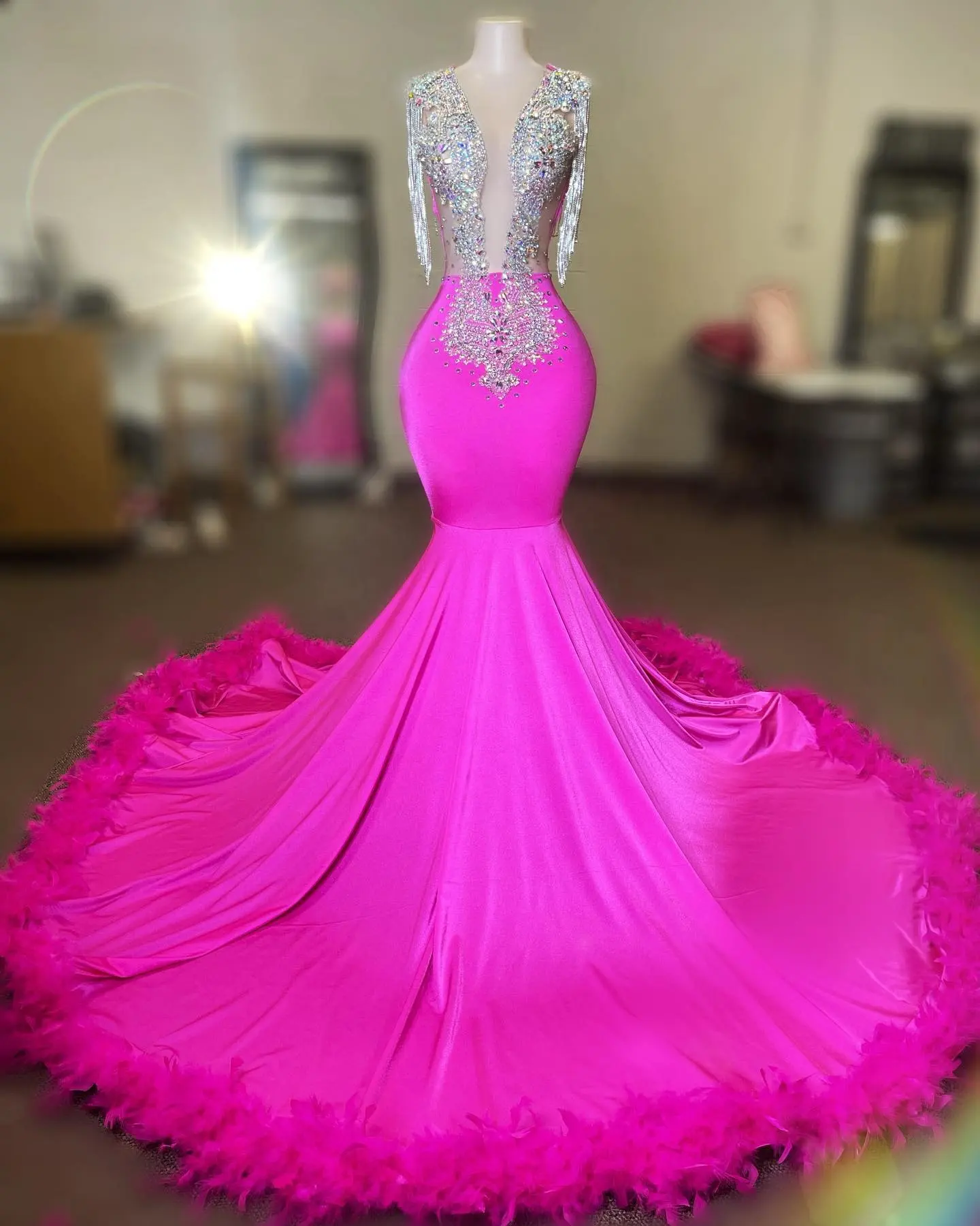 Ocstrade Pink High Rhinestone Prom Dresses 2022 Vestido De Gala Vestido De Noite Vestidos Do Baile De Finalistas Mulheres Maxi Vestidos