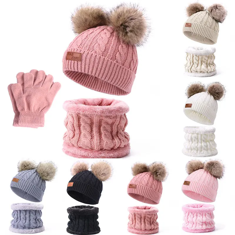 Mode en gros bébé enfants hiver chaud tricot bonnet chapeau cercle écharpe gant ensemble pour garçons filles