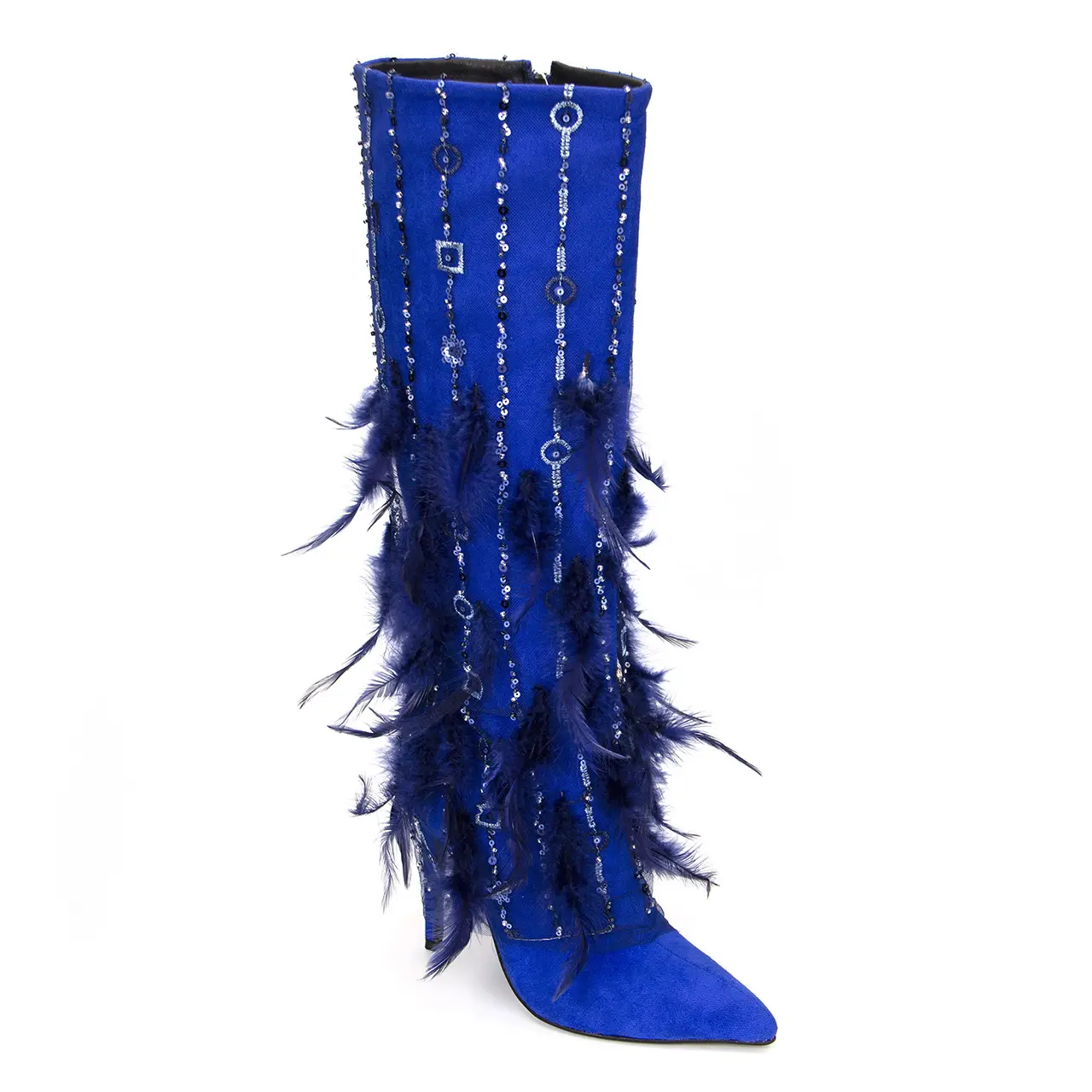 Xinzirain Design personnalisable tendance de la mode bout pointu en cuir suédé bleu chaîne bling à plumes bottes à talons hauts au genou