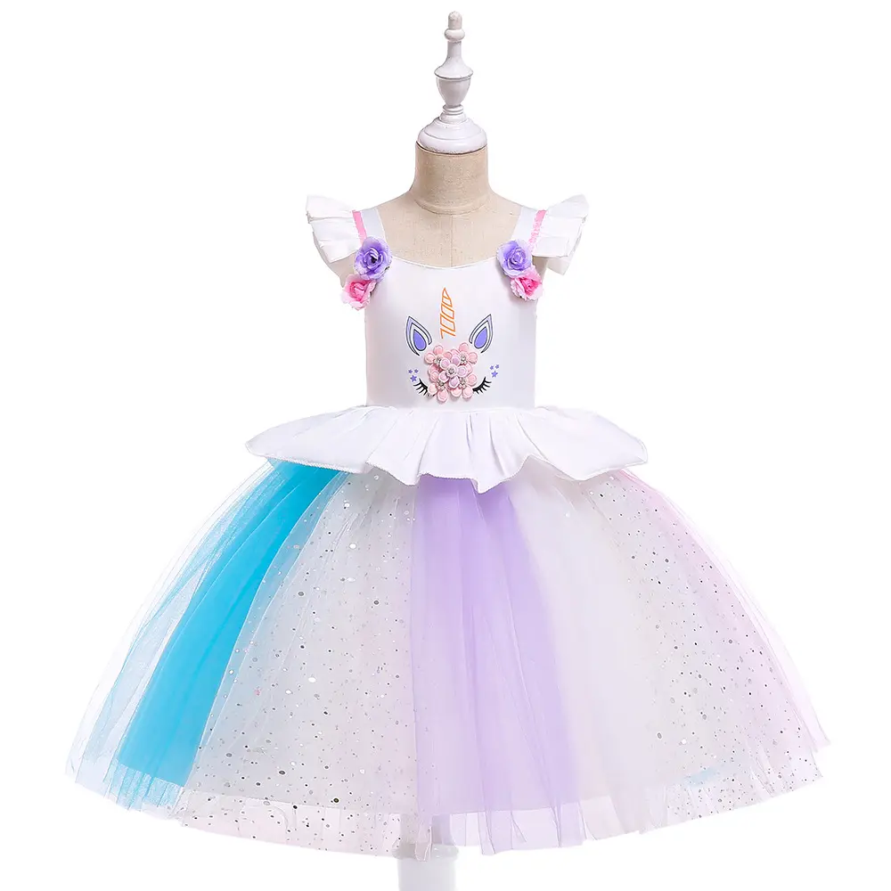 Falda de unicornio para niñas de comercio exterior europeo y americano, vestido de princesa de malla colorido empalmado hecho a mano, vestido de espectáculo nocturno para niñas