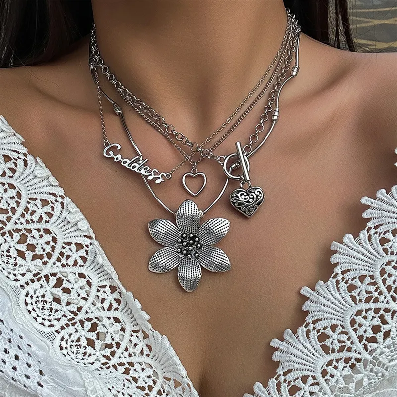 Beliebtes Design silberne Mehrschichtkette übertriebene Blume Herz-Liebesbrief Anhänger Edelstahl-Halsband