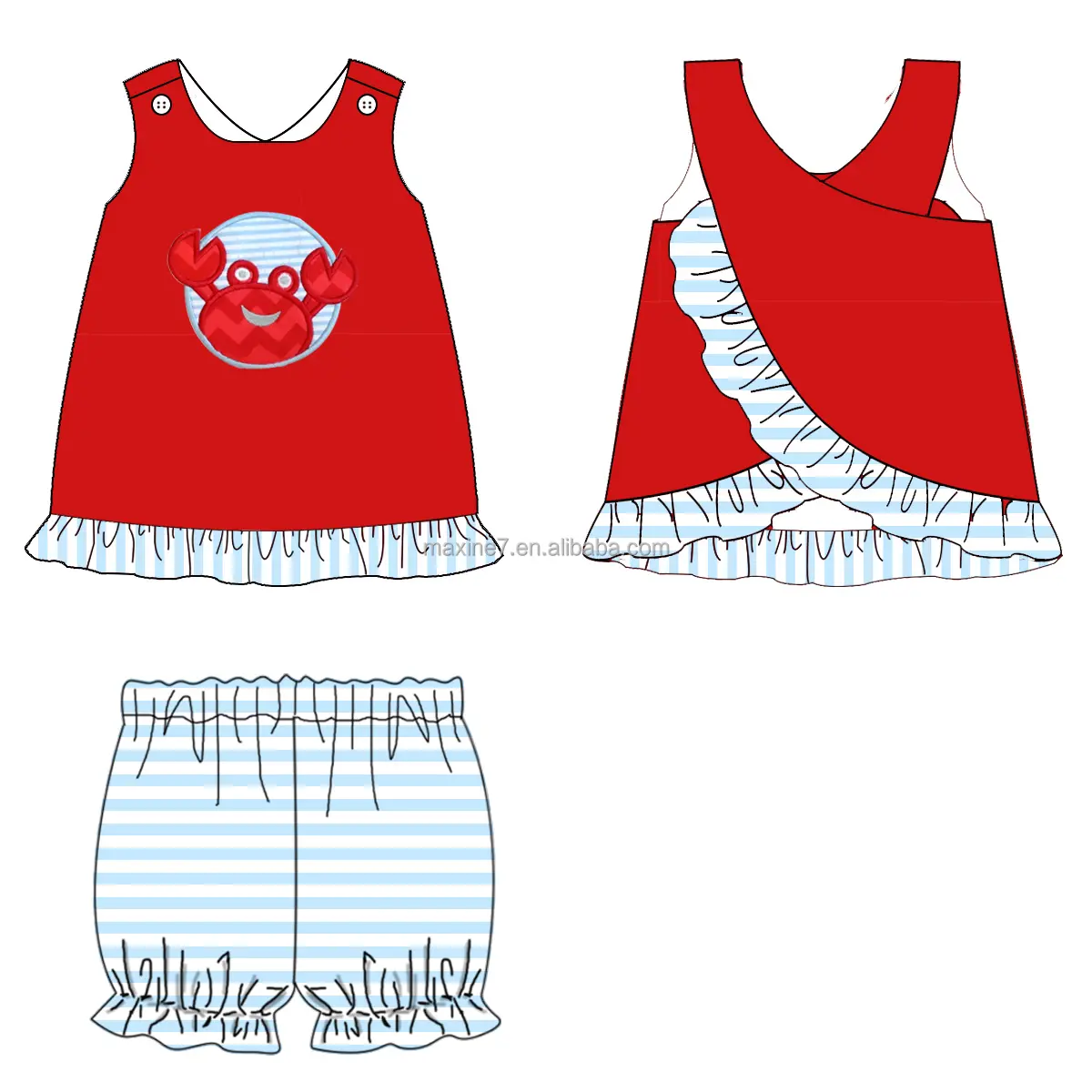 Populer pakaian anak-anak lucu kepiting applique pakaian anak perempuan dua potong ruffles butik bayi perempuan set