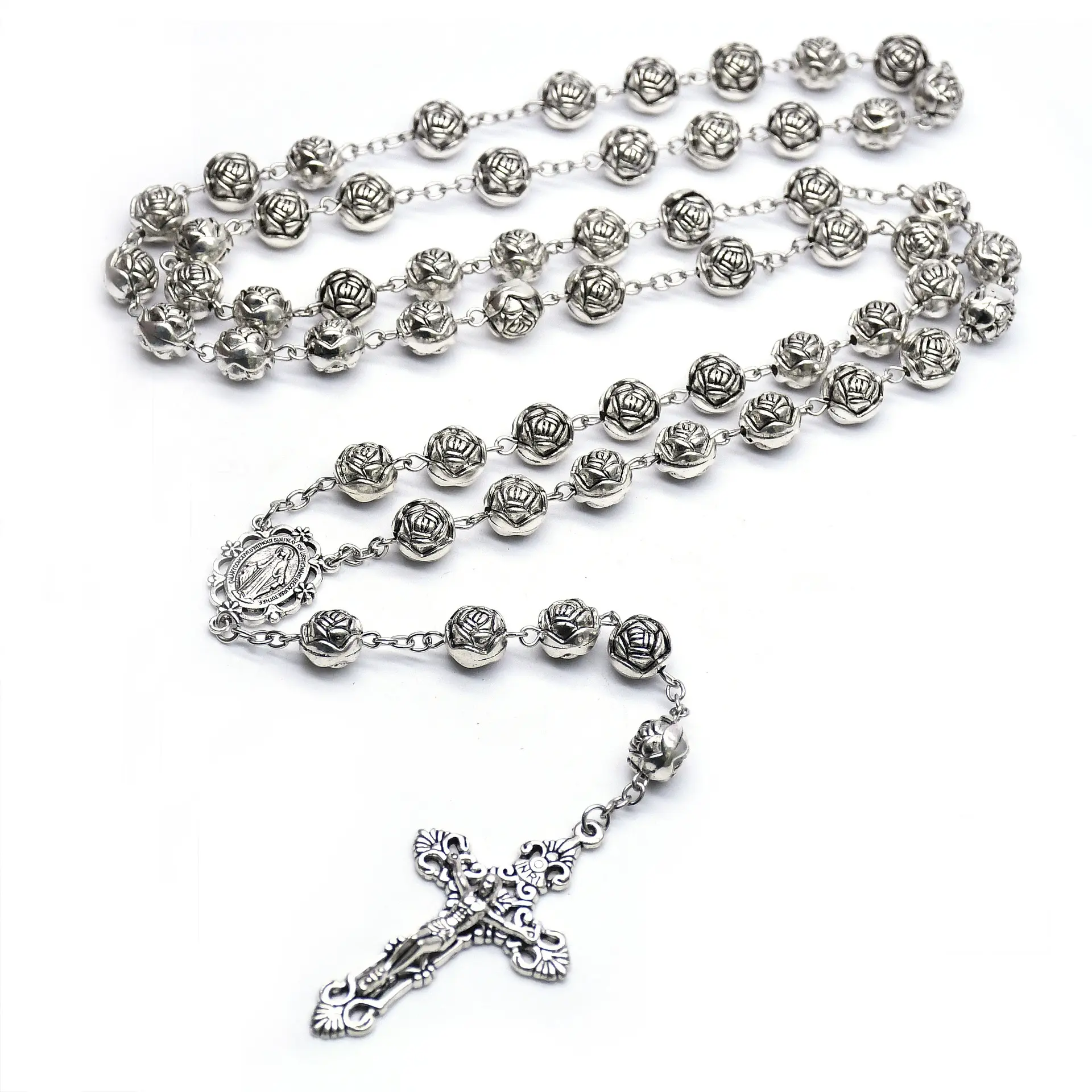 Collana di fiori in lega croce 10mm collana di rosario in argento antico rosa rosario di preghiera cristiana religiosa