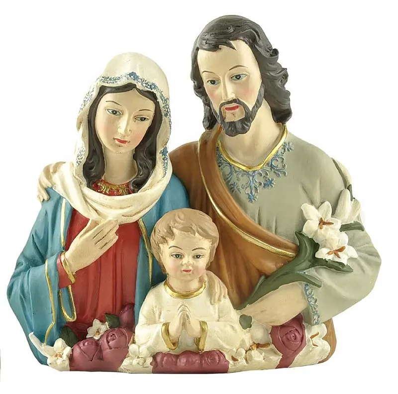 Produits en stock Cadeaux d'artisanat en résine Buste de la famille sainte en polyrésine avec décoration de fleurs