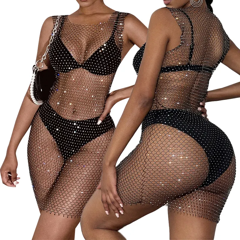 Haute qualité personnalisé Ins Hot Style femmes filet de poisson cristal diamant couvrir mode dames strass maillots de bain Bikini robes