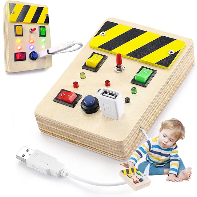 Montessori-tablero ocupado para niños pequeños, juguetes sensoriales de madera con botones LED iluminados, cables enchufables, regalos para bebés