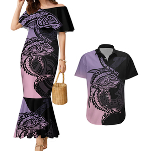 Baju pancing pasangan putri duyung motif bunga kasual kemeja Hawaii dengan kait ikan tembikar kuda hitam Maori seni Pastel
