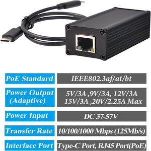 GPD2CBT-20V 25W Gigabit PoE to USB-C Driver Converter PoE to Type-C Power <strong>Output</strong> 2 in 1 5V/9V/12V/15V/20V Adaptive <strong>Output</strong>