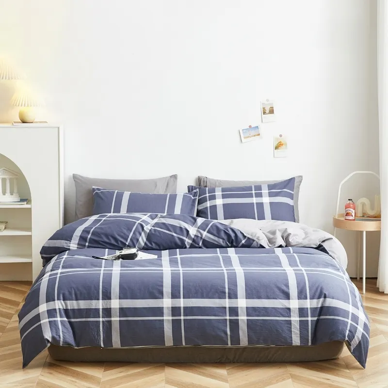 In Hình Học Tấm Ga Giường Quilt Bìa Bốn Mảnh Bộ Đồ Giường Đặt Hot Bán Đơn giản Chỉ Cần Thoải Mái 100% Cotton Chất Lượng Màu Xanh 4 Pcs 40S