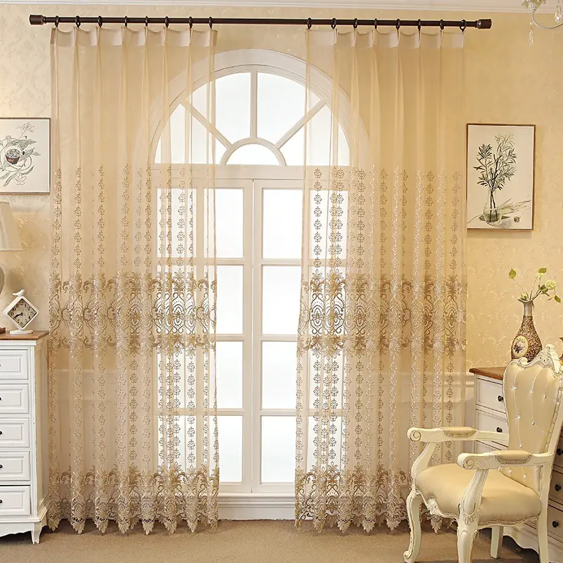 Cortina transparente bordada hueca Beige de lujo europeo, cortina de gasa de sala de estar lista para usar de alta calidad