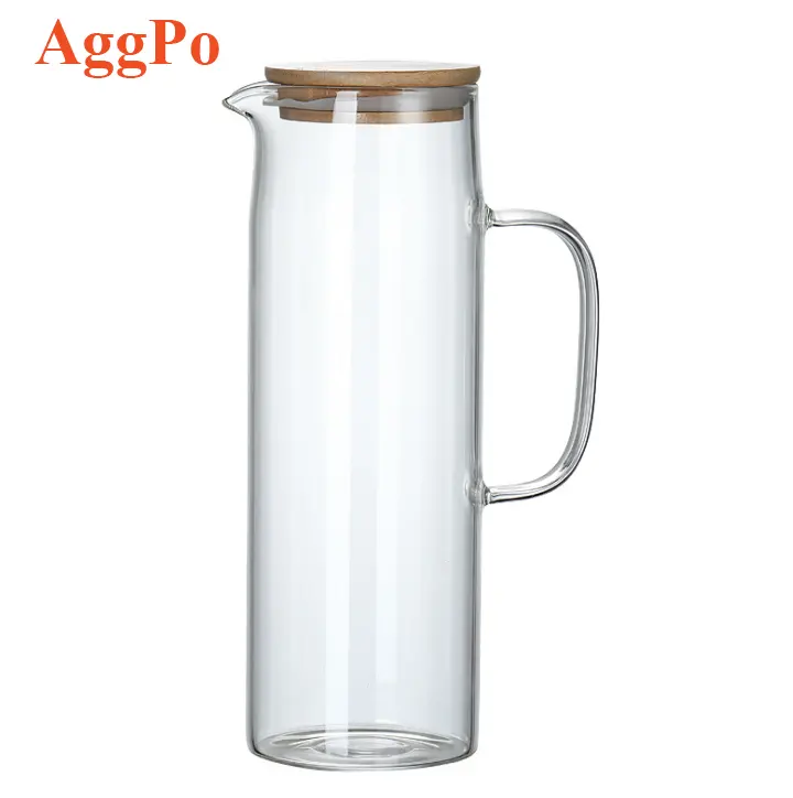 Jarra de água de vidro transparente, com cabo de vidro resistente ao calor, chaleira de água fria de 1,2l 1,5l, pode borosilicar com tampa de bambu