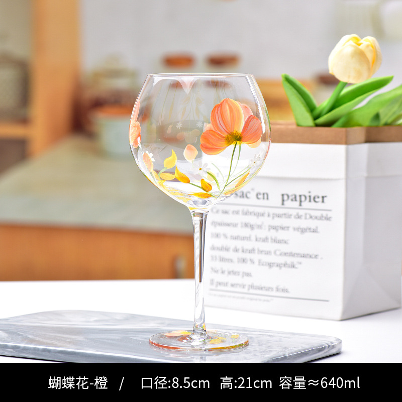 Verre à vin rouge fleur papillon orange peint à la main