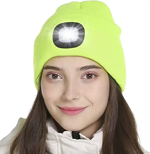 Gorro lanterna recarregável usb unissex, led, 4 lâmpadas, tricô, noturna, iluminada, para inverno