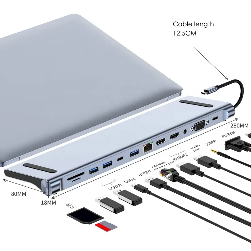 Glorymark 12 trong 1 USB Loại C HUB với 4K HD tương thích Multiport Adapter Dock trạm USB 3.0 dp HDTV VGA Adapter loại C HUB