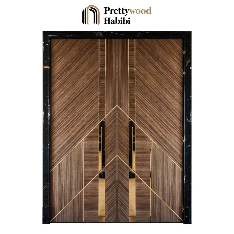 Prettywood nội thất cửa nhà hiện đại nội bộ phòng khách đôi Swing thiết kế cửa gỗ rắn