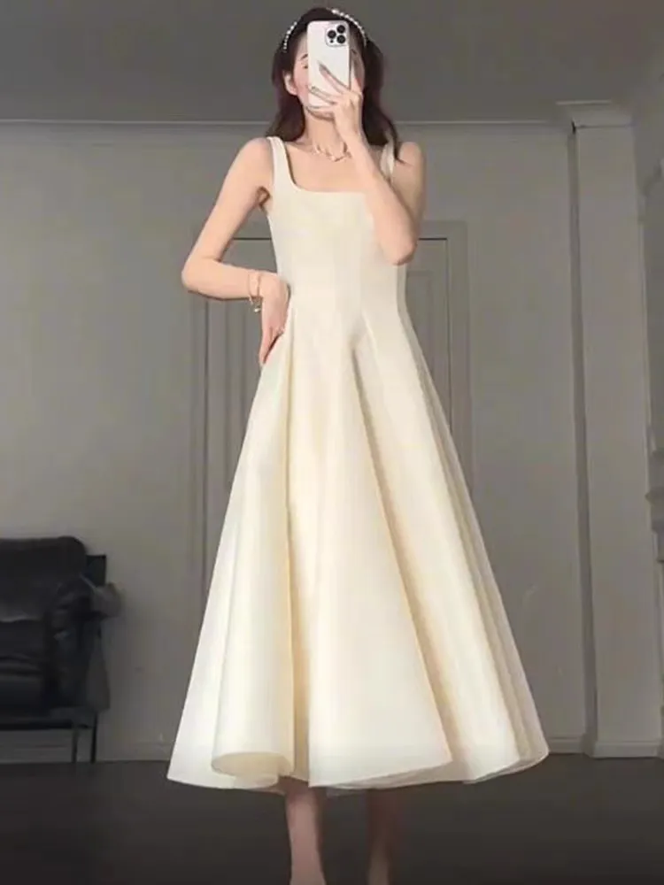 Vestido de princesa para festa à noite estilo francês elegante com gola quadrada