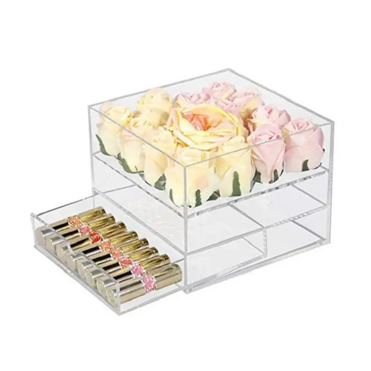 Limpar Luxo Acrílico Perspex Box com Furo 6 Rose Lucite Acrílico Flor Gift Case Caixa com Gaveta e Tampa