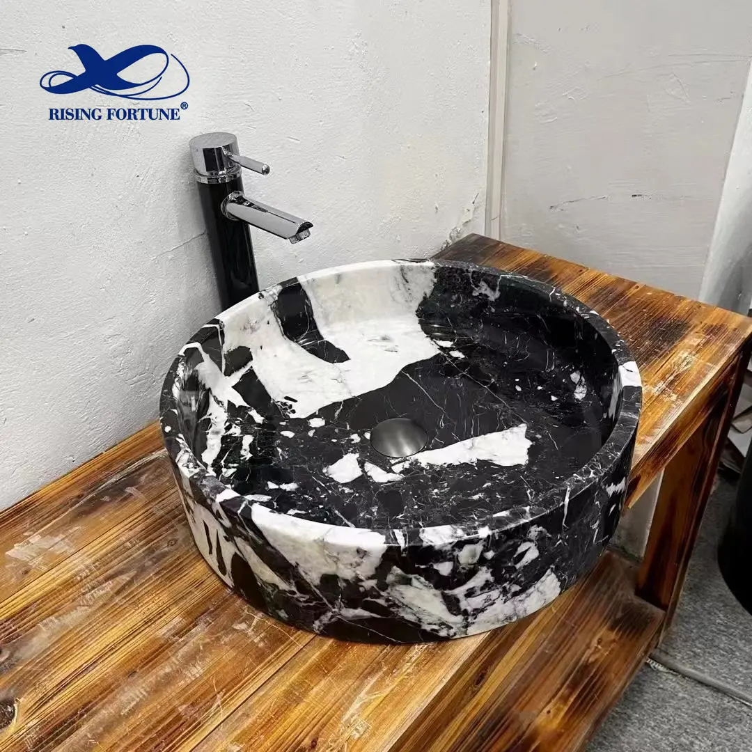 Mermer ayaklı lavabo yıkama lavabo banyo doğal krem Modern yuvarlak ahşap sandık için cilalı özel boyut lavabo süzgeç