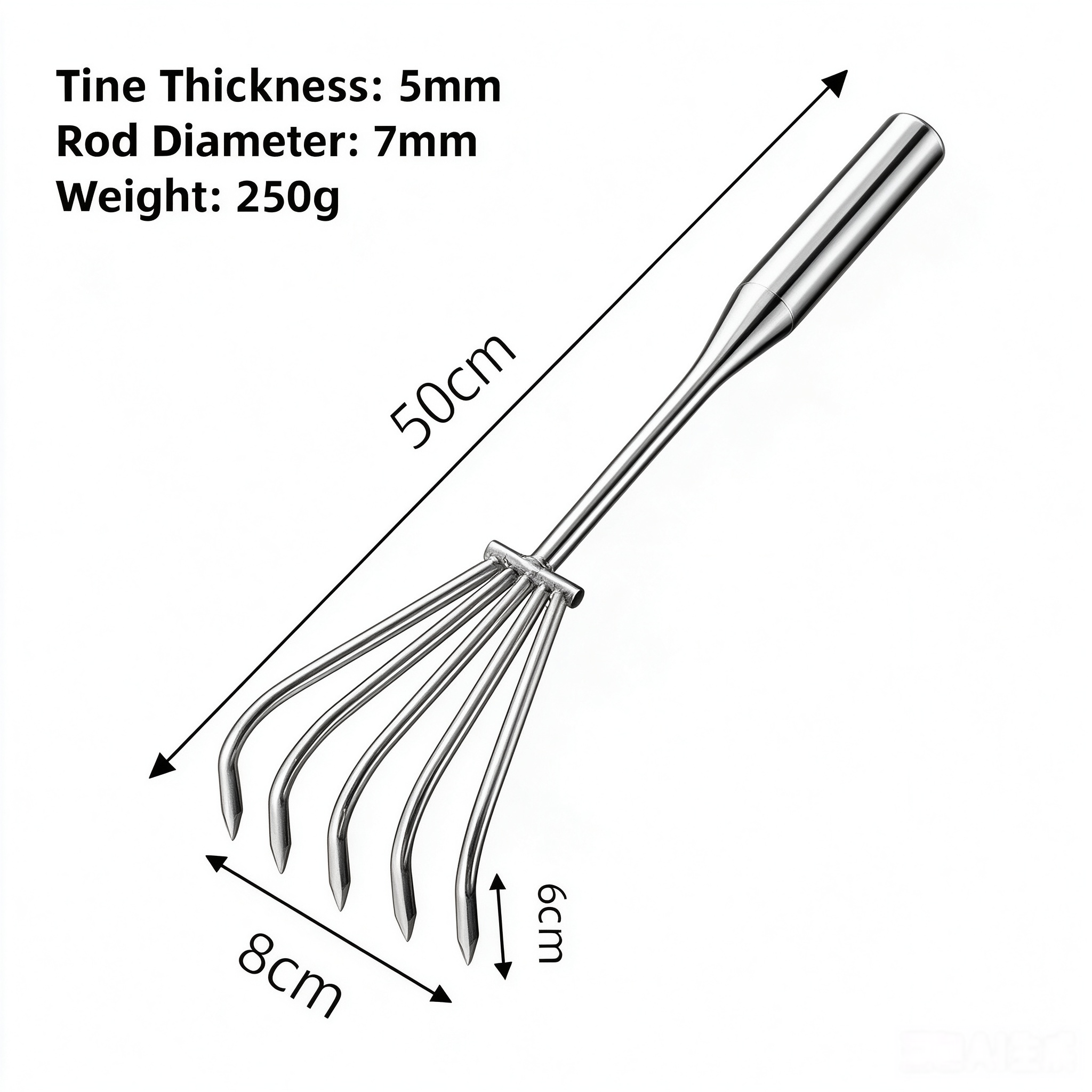 Rateau de jardin monobloc en acier inoxydable à 5 dents, 50 cm (250 g)
