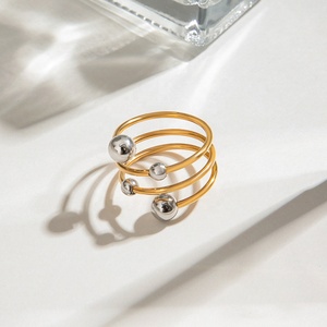 Fashionable and Versatile Titanium Steel Ring, Stainless Steel Gold and <strong>Silver</strong> Color Blocked Spherical Multi-Layer Open Ring - Product Image 3