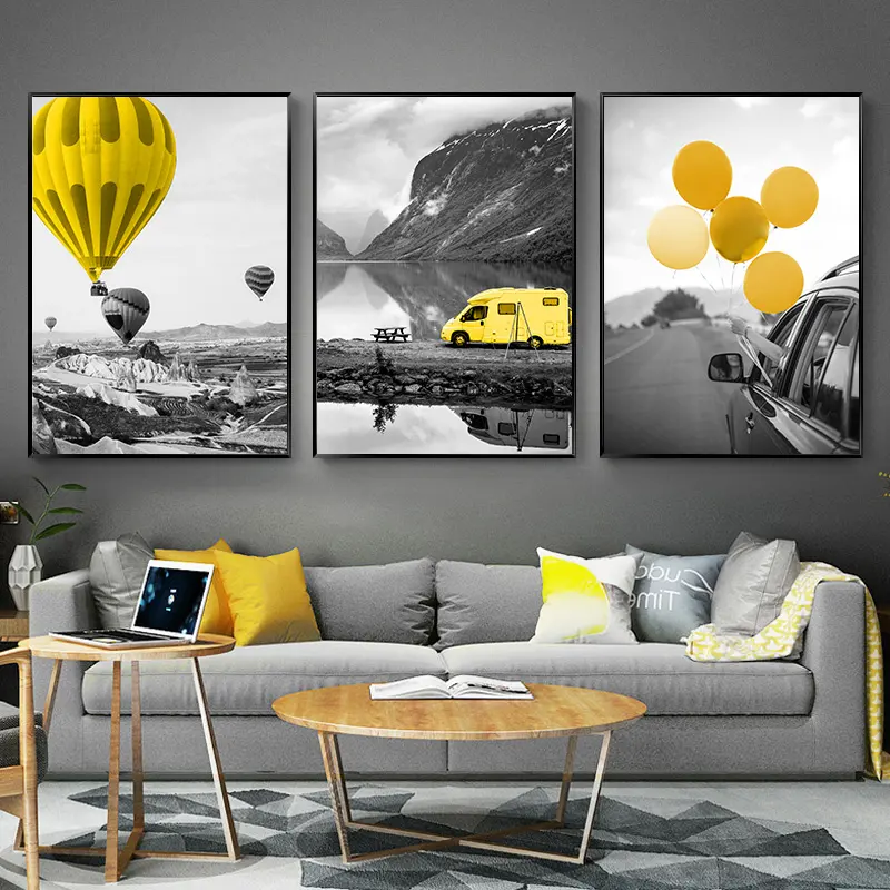 Hiện đại vải in Áp phích cảnh quan du lịch Phong cảnh màu xám hot-Air bóng bay xe hình ảnh tường nghệ thuật trang trí nội thất