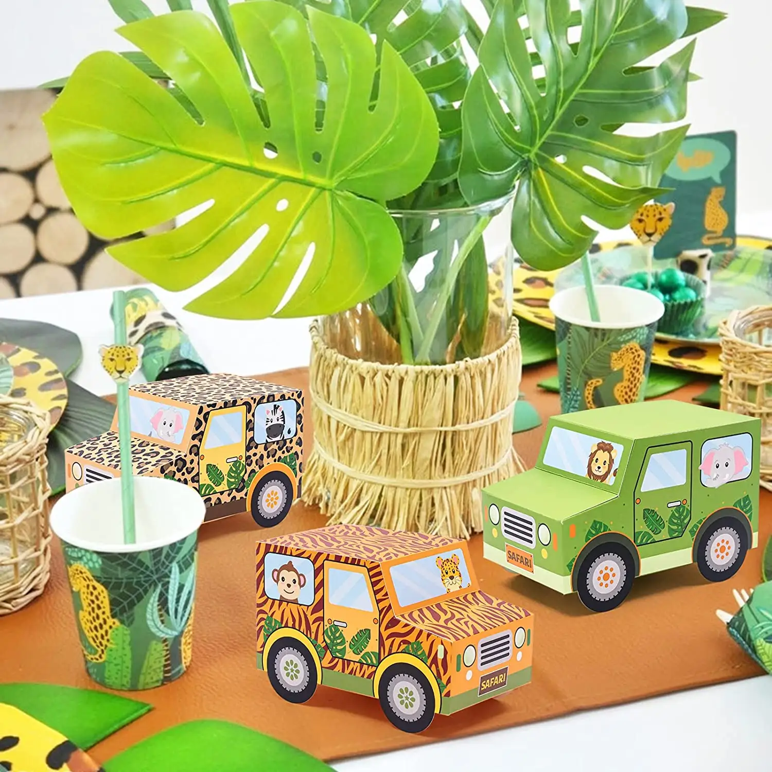 Nicro-Cajas de Regalo para dulces de animales de la selva, caja de regalo de papel de diseño para pastel en forma de coche para niños, suministros de fiesta de cumpleaños, recuerdo, novedad