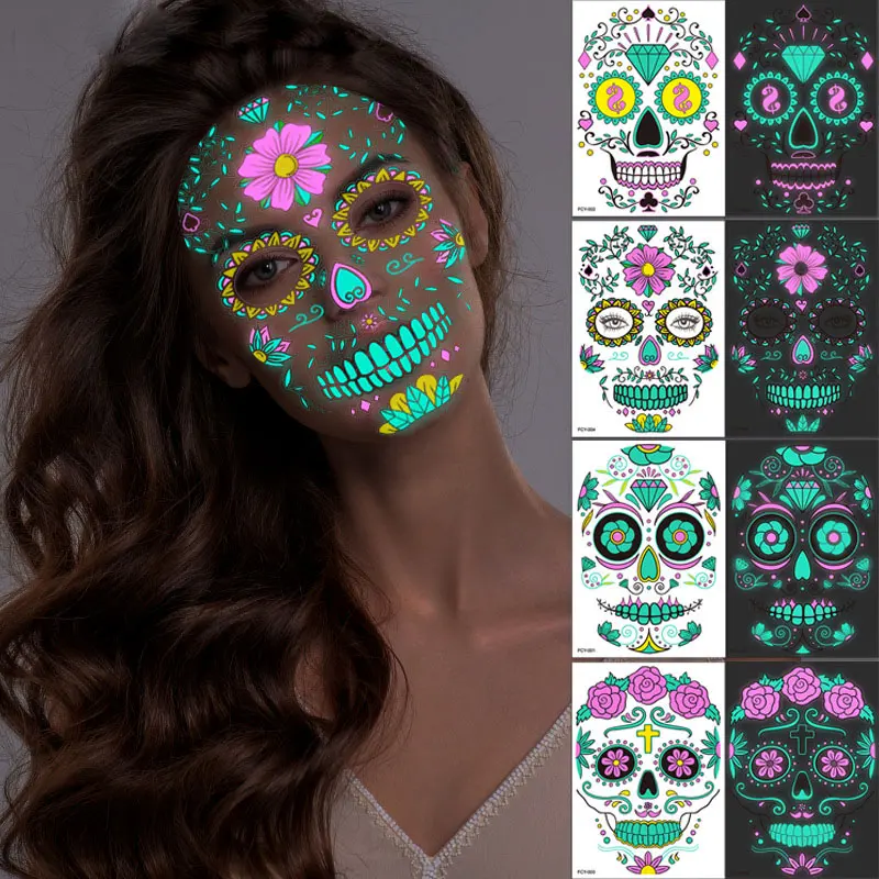 Новые товары, светящаяся татуировка на Хеллоуин, скелет для лица, украшения для Хэллоуина, вечеринки, карнавала