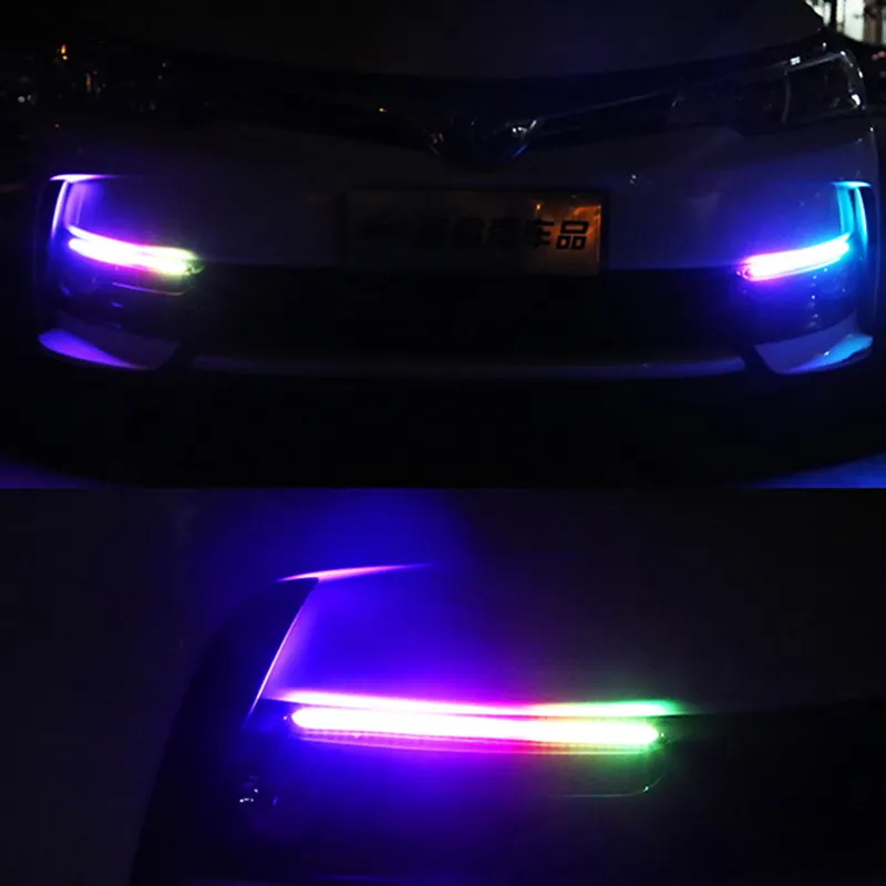 2 adet RGB araba LED gündüz çalışan işık su geçirmez far şerit rgb DRL ışık sıralı akış sarı dönüş sinyal lambası