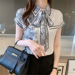 Blusa de cetim solta e grande tamanho, para o verão, casual, manga curta, gola com laço, camisa 9350 #