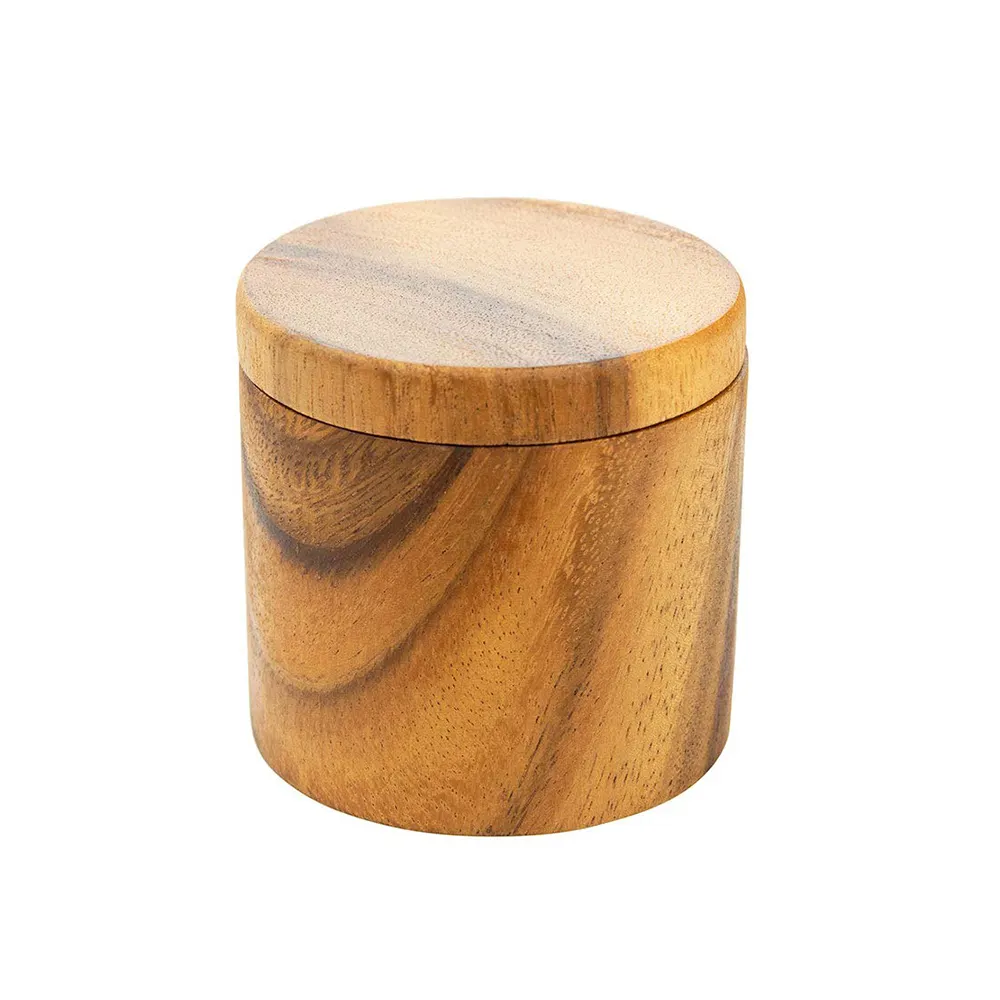 Acacia Wood Salt Pot Natural Wooden Salt Box Wood Seasoning Storage HolderとEasy Access Lid 3 × 3 Inches