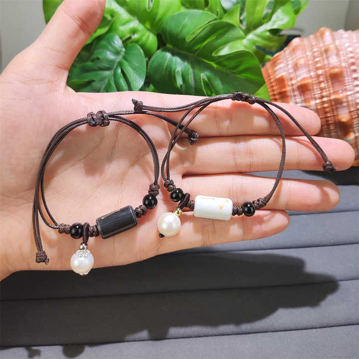 Handgemaakte Geweven Lederen Touw Armband Met Zwart Wit Keramische Kralen Natuurlijke Parel Armband Voor Koppels Valentijnsdag Geschenken