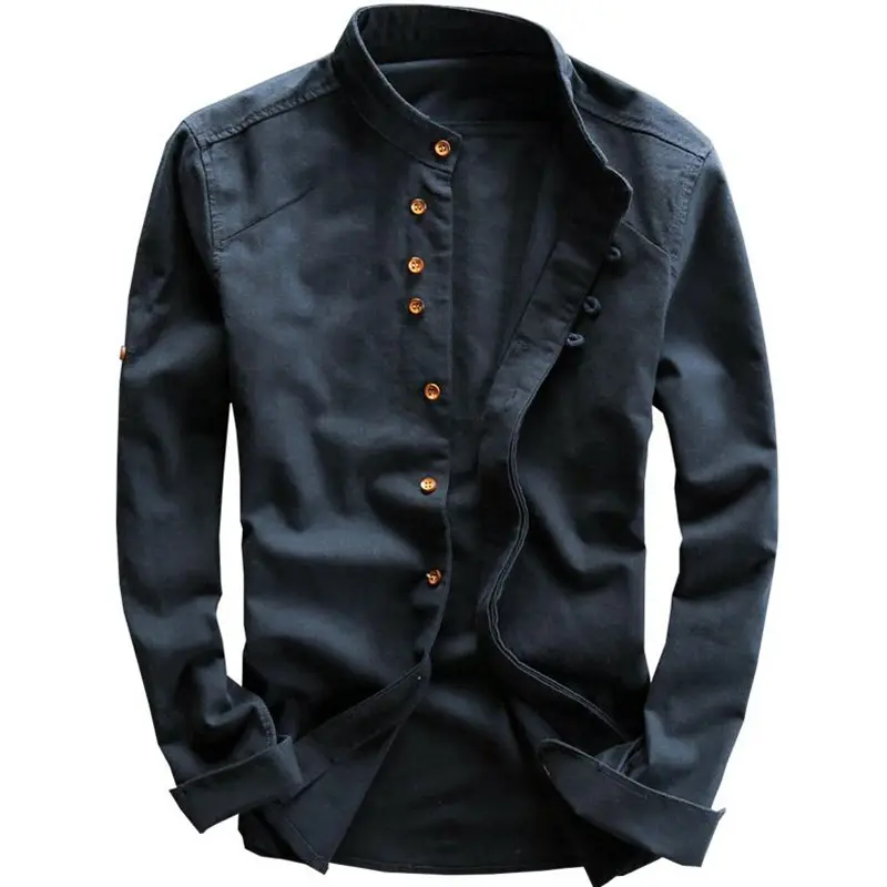 Chinese Style Luxury Camisas Casual Formal Fitness Button Up Stand Collar Linen Shirt Men's Casual Wear Long Sleeve Mens Shirts