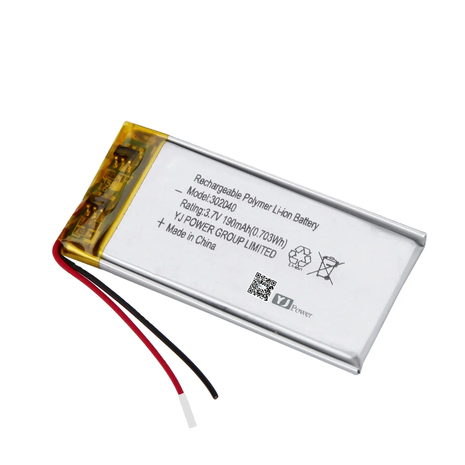 Vente en gros de batterie au lithium polymère rechargeable à faible résistance UN38.3 KC certifiée CE 3.7V YJ302040/190mAh pour montre intelligente