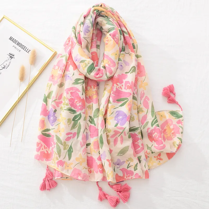 Chales de algodón con flores de plantas para mujer, pañuelo de tela de algodón con borlas, a la moda, nuevo diseño, 2022