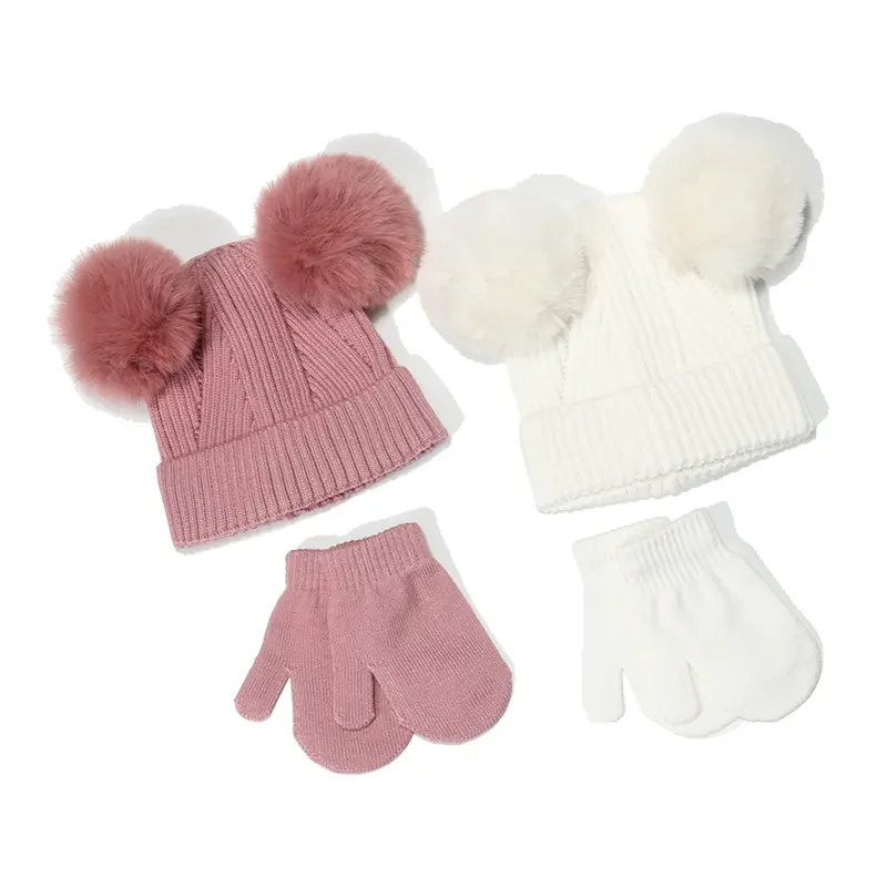 Bonnet pour enfants en tricot côtelé à double pompon, ensemble de gants à la main pour bébé