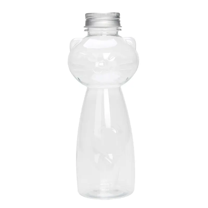 Cute Cat Shape Food Grade Clear Plastic Juice Bottle with Aluminum Screw Cap Takeaway Boba Milk Tea Cold Fruit Drink Container