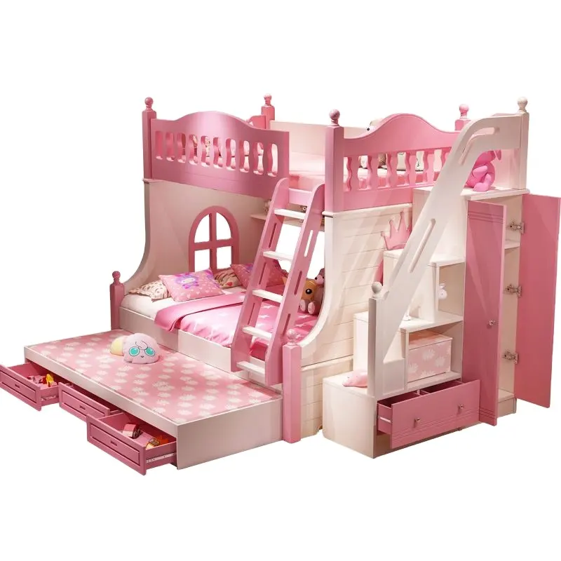 YQ JENMW принцесса мечта замок кровать многофункциональная детская двухъярусная кровать из массива дерева с горкой гардероб