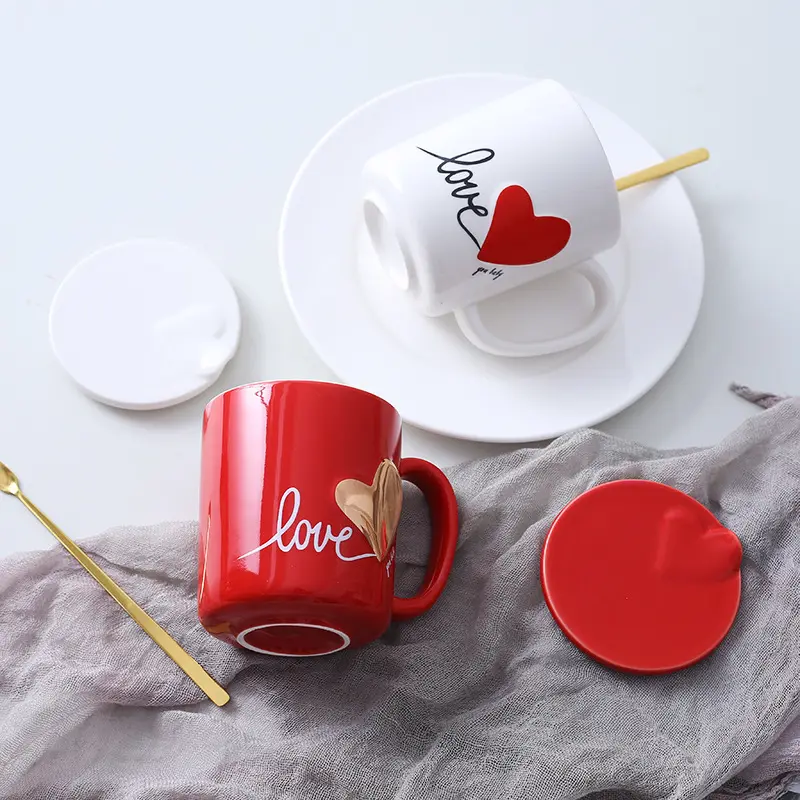 Canecas do amor, personalidade criativa colher de cerâmica com tampa de água xícara de café