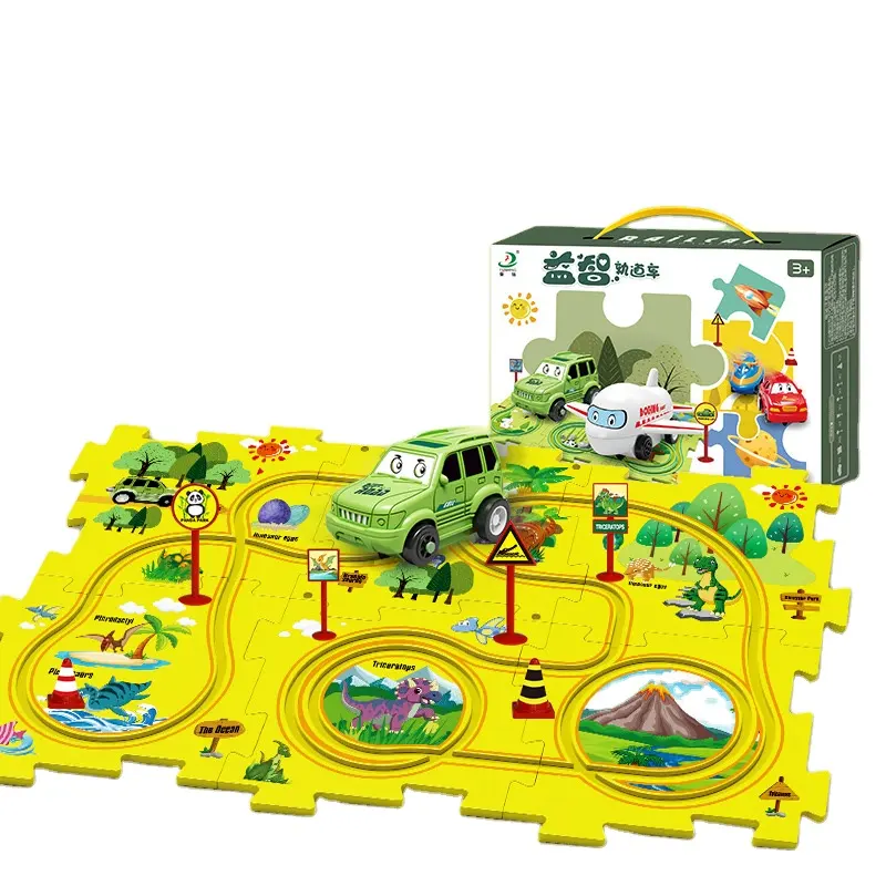 Diy Puzzle melacak listrik Slot mainan kereta Set kendaraan jalur Puzzle mainan edukasi dioperasikan dengan baterai mainan jalur mobil untuk anak-anak