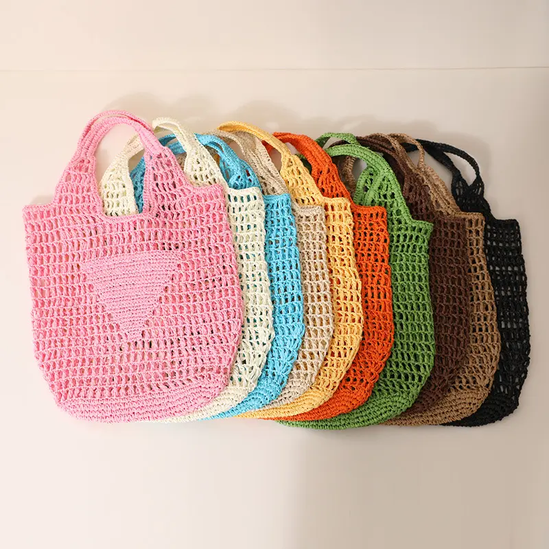 2024 Custom logo triangle hollow trendy crochet straw tote bag women summer handmade luxury beach straw bag