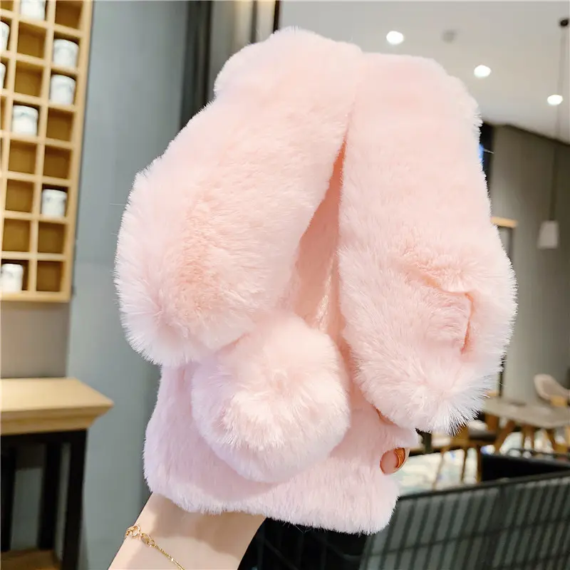 Precioso Bling Glitter conejo de piel de conejo de peluche de felpa Fuzzy suave de silicona casos de la cubierta del teléfono para Redmi 9A Nota 9 Nota 9 Pro